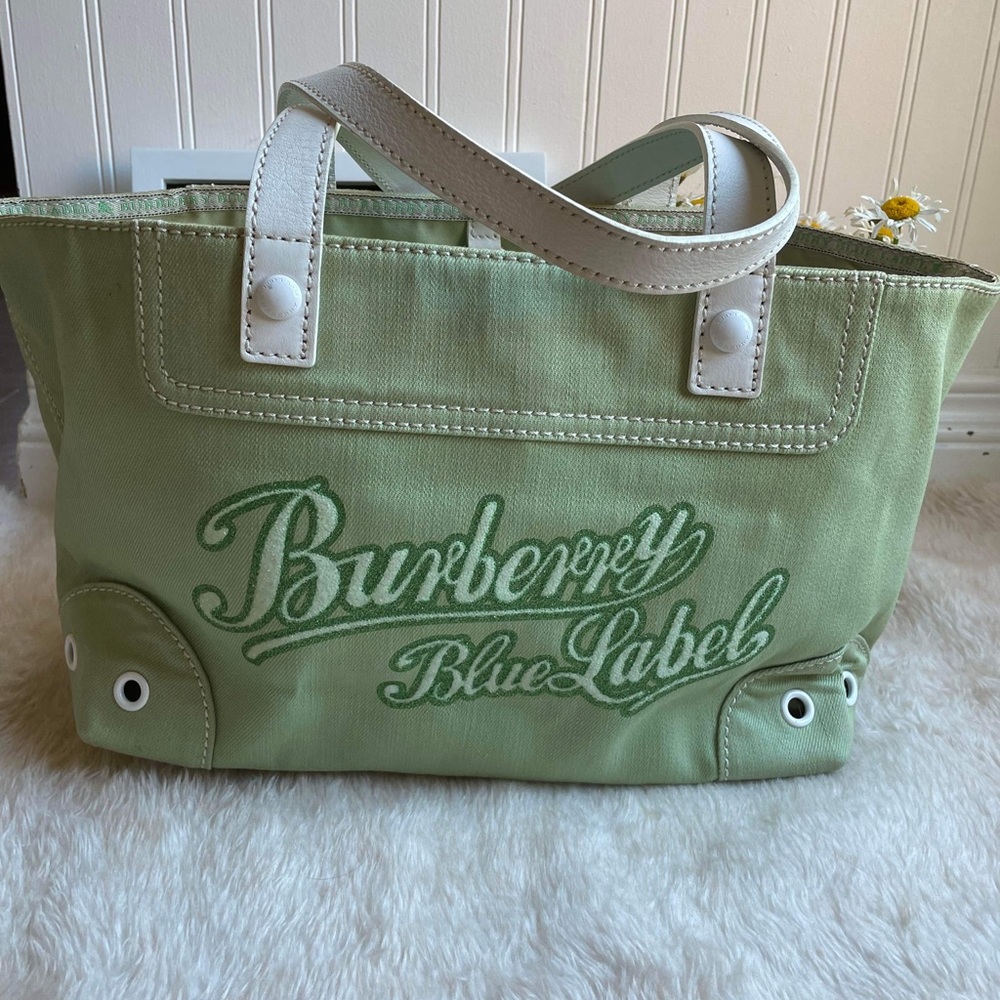 Burberry Blue Label Light Green Canvas Tote with White Handles